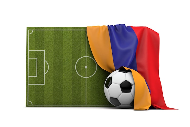 Vlag van Armenië gedrapeerd over een voetbal voetbalveld en bal 3D Rendering