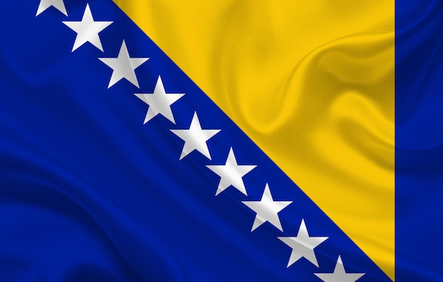 Vlag van Bosnië en Herzegovina land op golvende zijde stof panorama achtergrond - afbeelding