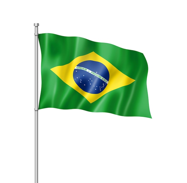 Vlag van Brazilië, driedimensionaal renderen, geïsoleerd op wit