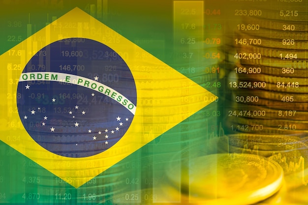 Vlag van Brazilië met aandelenmarkt financiën economie trend grafiek digitale technologie