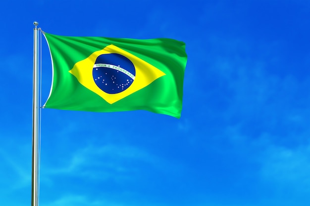 Vlag van Brazilië op het blauwe hemel 3d teruggeven als achtergrond