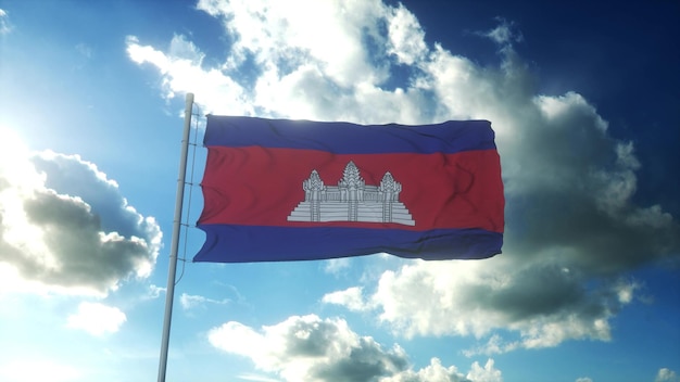 Vlag van cambodja zwaaien op wind tegen mooie blauwe hemel 3d illustratie