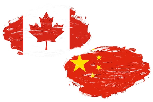 Vlag van Canada en China samen op een witte penseelachtergrond