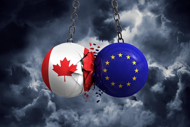 Vlag van Canada en politieke ballen van de Europese Unie botsen tegen elkaar 3D-rendering