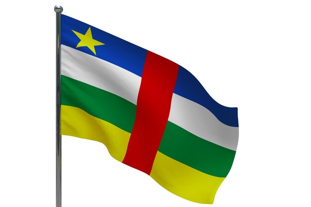 Vlag van Centraal-Afrikaanse Republiek op paal. Metalen vlaggenmast. Nationale vlag van de Centraal-Afrikaanse Republiek 3D illustratie op wit