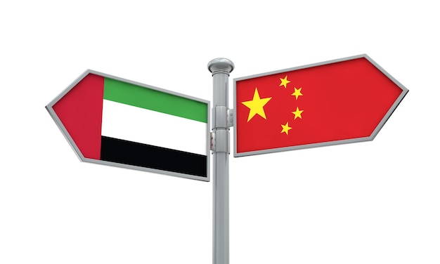 Vlag van China en de VAE beweegt in verschillende richtingen 3D-rendering