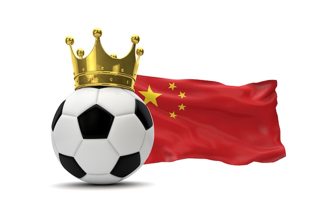Vlag van China en voetbal met gouden kroon 3D-rendering