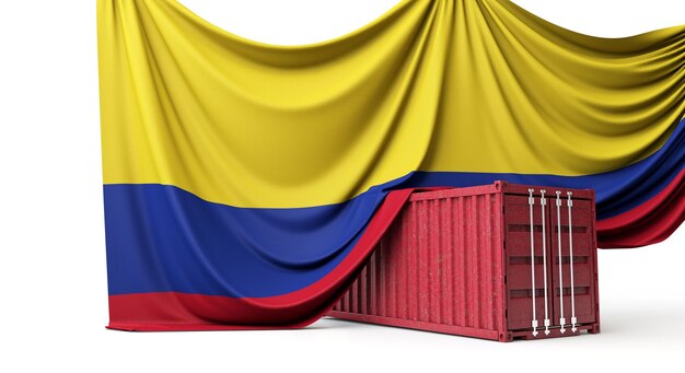 Vlag van Colombia gedrapeerd over een commerciële handelscontainer d rendering