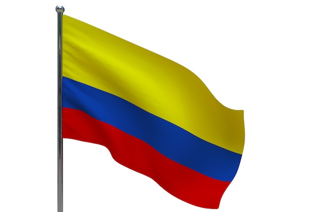 Vlag van Colombia op paal. Metalen vlaggenmast. Nationale vlag van Colombia 3D illustratie op wit