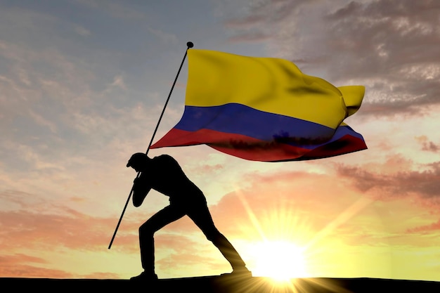 Vlag van Colombia wordt in de grond geduwd door een mannelijk silhouet 3D-rendering