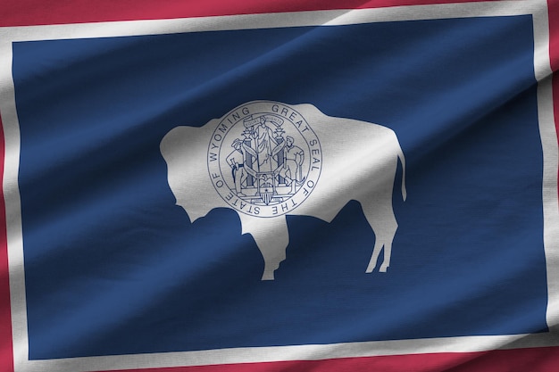 Vlag van de Amerikaanse staat Wyoming met grote plooien die van dichtbij zwaaien onder het studiolicht binnenshuis De officiële symbolen en kleuren in banner