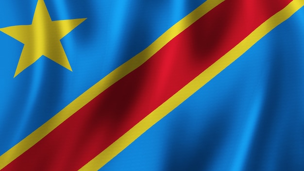 Foto vlag van de democratische republiek congo zwaaien close-up 3d-rendering met afbeelding van hoge kwaliteit met stof textuur