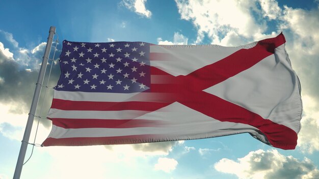 Vlag van de staat VS en Alabama. Verenigde Staten en Alabama gemengde vlag zwaaien in de wind. 3D-rendering.