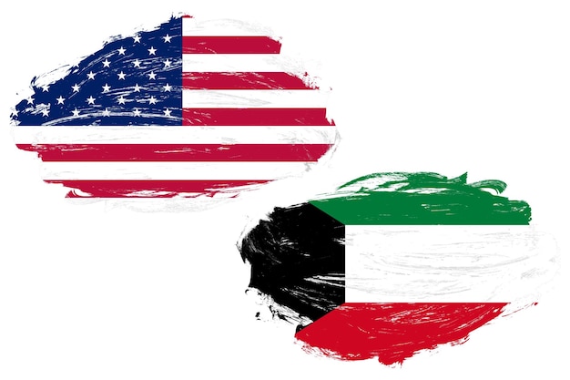 Vlag van de Verenigde Staten en Koeweit samen op een witte achtergrond van de slagborstel