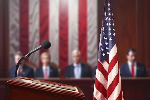 Vlag van de Verenigde Staten van Amerika en spreker tribune tijdens een bijeenkomst