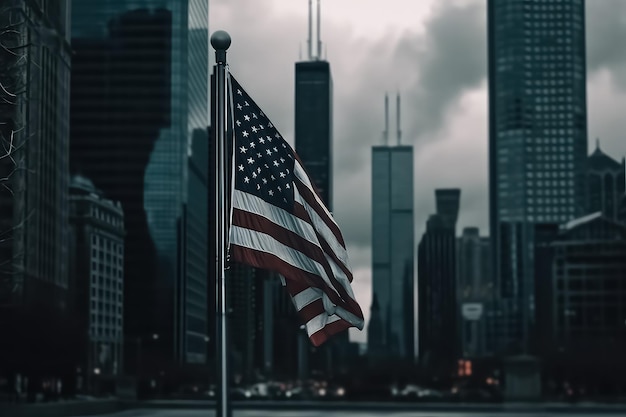 Vlag van de VS in Chicago met wolkenkrabbers op de achtergrond Amerikaanse vlag zwaaien in de stad AI