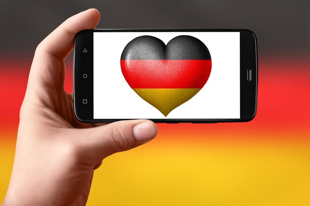 Vlag van Duitsland in de vorm van een hart op het telefoonscherm Smartphone in de hand toont een hartvlag