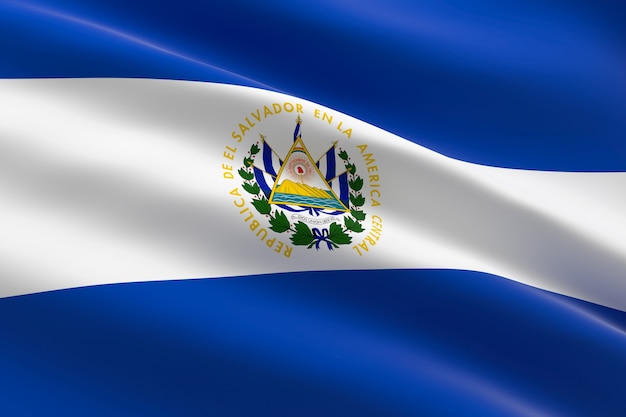 Vlag van El Salvador. 3D-afbeelding van de Salvadoraanse vlag zwaaien