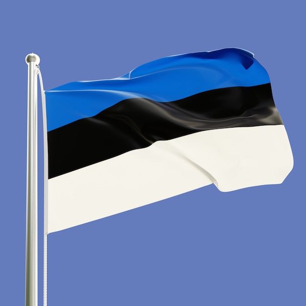 Vlag van Estland op vlaggenmast zwaaien in de wind geïsoleerd op blauwe hemelachtergrond