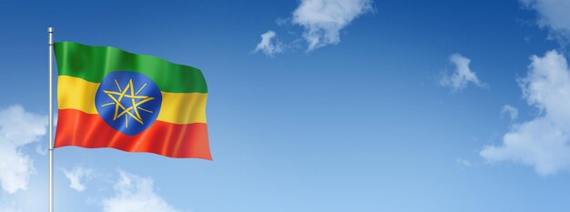 Vlag van Ethiopië driedimensionaal render geïsoleerd op een blauwe hemel Horizontale banner 3D illustratie