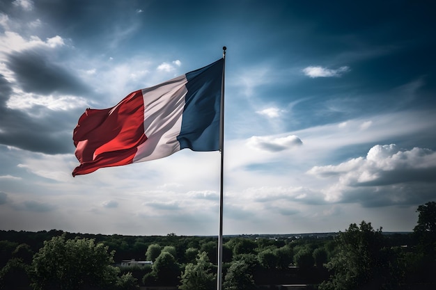 Vlag van Frankrijk wappert in de wind tegen de blauwe lucht met witte wolken