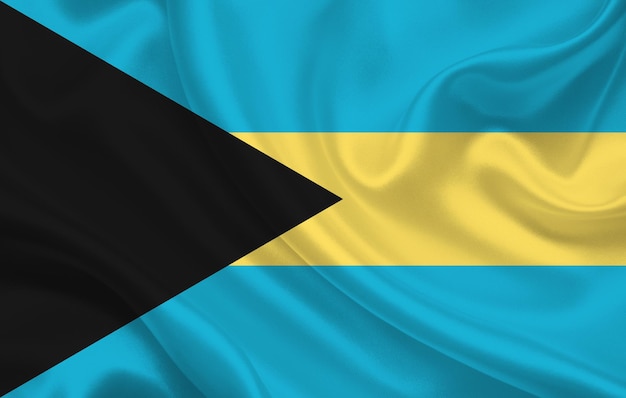 Vlag van het land van de Bahama's op golvend zijdestof achtergrondpanorama - illustratie