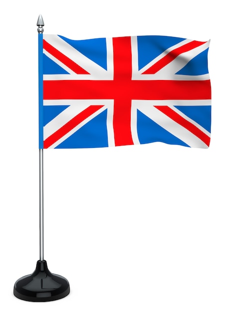 Foto vlag van het verenigd koninkrijk hangend aan de vlaggenmast op een witte achtergrond