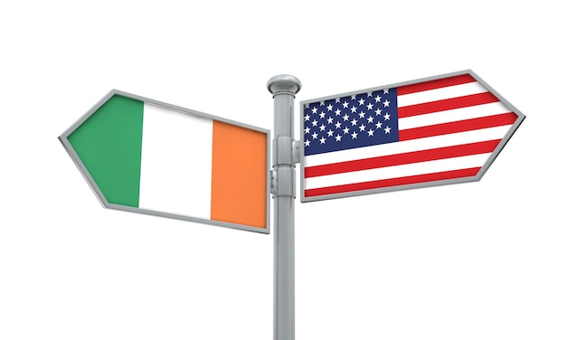 Vlag van Ierland en Amerika bewegen in verschillende richting 3D-Rendering