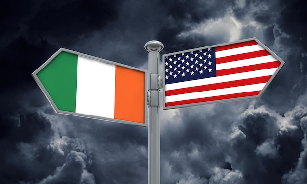 Vlag van Ierland en Amerika bewegen in verschillende richting 3D-Rendering