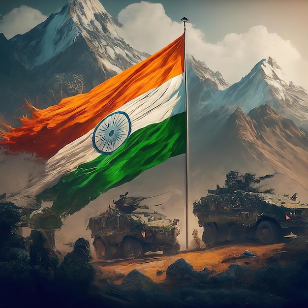 Vlag van India met bergketen op de top van de berg militair voertuig concept 3d ill