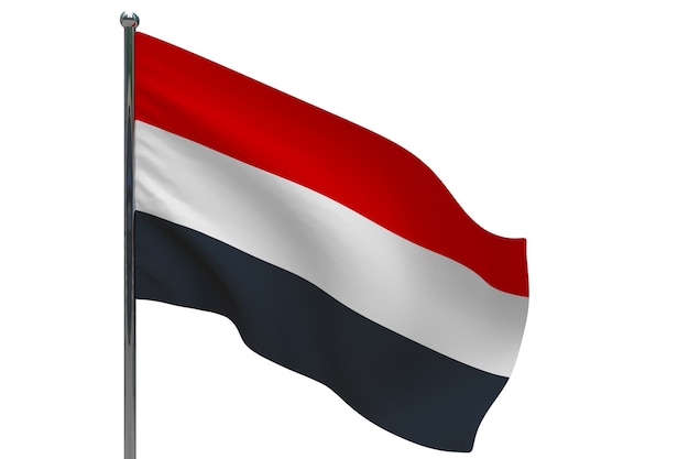 Vlag van Jemen op paal. Metalen vlaggenmast. Nationale vlag van Jemen 3D illustratie op wit