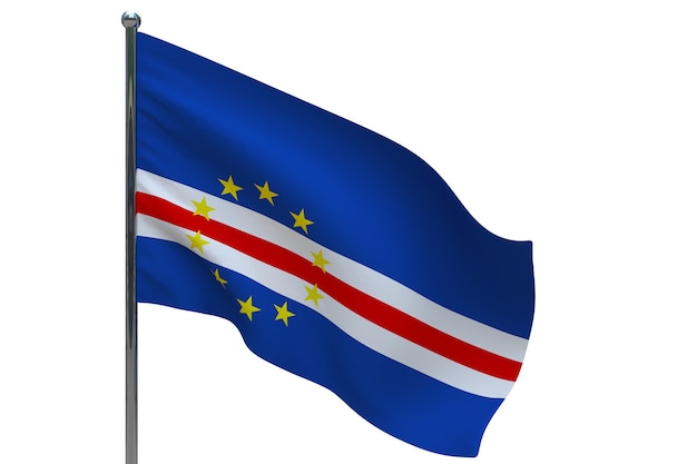 Foto vlag van kaapverdië op paal. metalen vlaggenmast. nationale vlag van kaapverdië 3d-afbeelding op wit