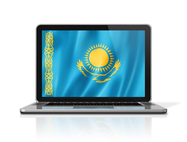 Vlag van Kazachstan op laptop scherm geïsoleerd op wit. 3D illustratie geeft terug.