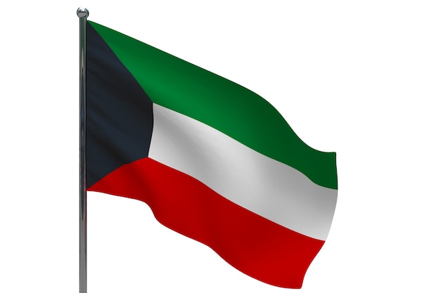 Vlag van Koeweit op paal. Metalen vlaggenmast. Nationale vlag van Koeweit 3D illustratie op wit
