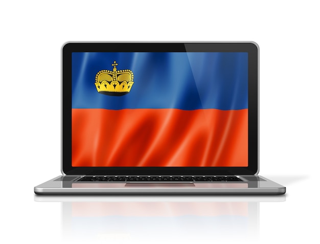 Vlag van Liechtenstein op laptop scherm geïsoleerd op wit. 3D illustratie geeft terug.