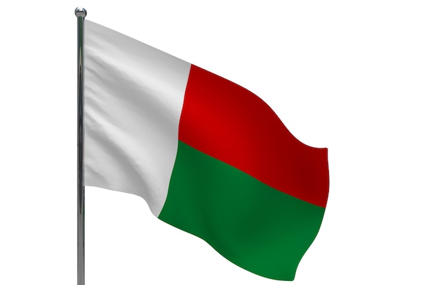 Vlag van Madagaskar op paal. Metalen vlaggenmast. Nationale vlag van Madagaskar 3D illustratie op wit