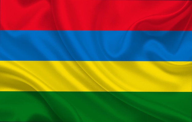 Vlag van Mauritius land op golvende zijde stof panorama achtergrond - afbeelding