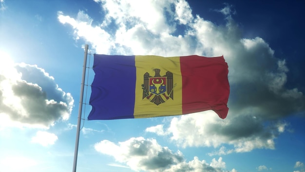 Vlag van moldavië zwaaien op wind tegen mooie blauwe hemel 3d-rendering