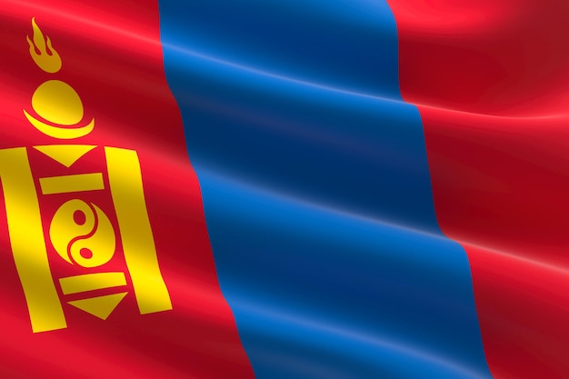 Vlag van Mongolië. 3D illustratie van de Mongoolse vlag zwaaien.