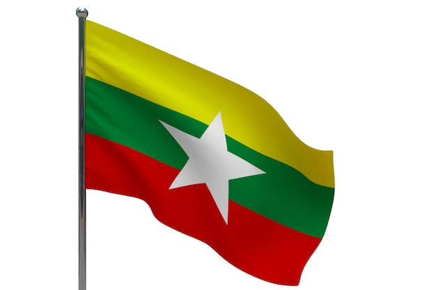 Vlag van Myanmar op paal. Metalen vlaggenmast. Nationale vlag van Myanmar 3d illustratie op wit