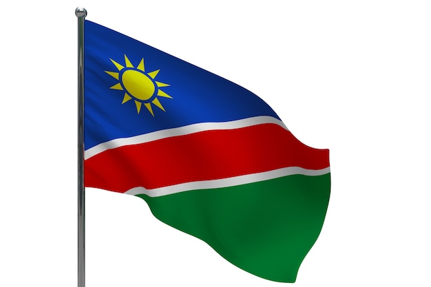 Vlag van Namibië op paal. Metalen vlaggenmast. Nationale vlag van Namibië 3D illustratie op wit