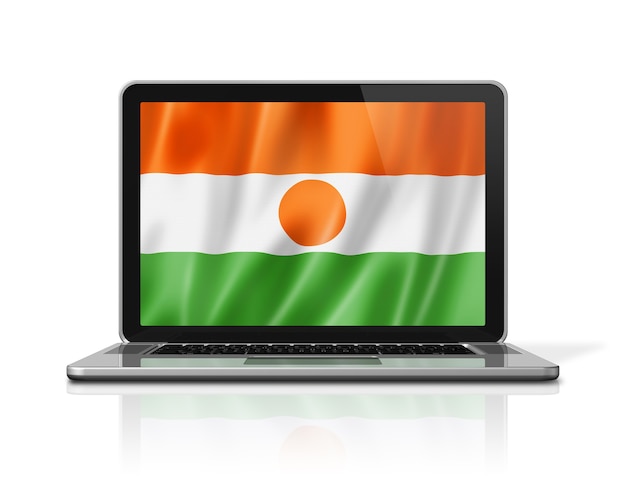 Vlag van Niger op laptop scherm geïsoleerd op wit. 3D illustratie geeft terug.