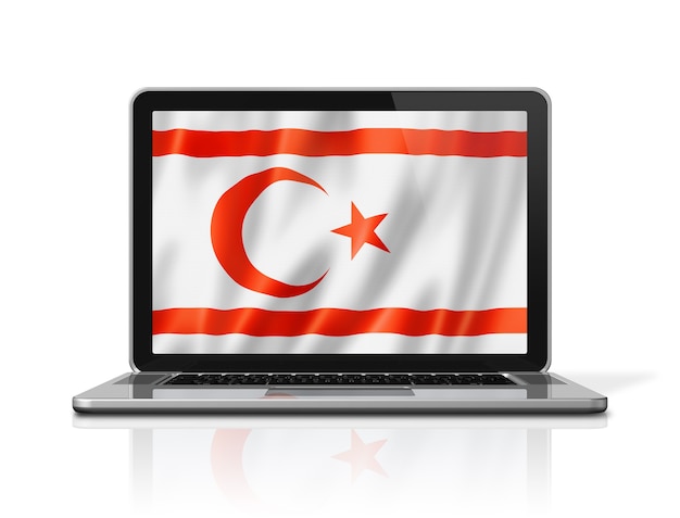 Vlag van Noord-Cyprus op laptop scherm geïsoleerd op wit. 3D illustratie geeft terug.