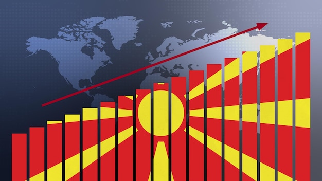 Vlag van Noord-Macedonië op staafdiagramconcept met toenemende waarden economisch herstel en zakelijke verbetering na crisis en andere catastrofes naarmate economie en bedrijven weer heropenen