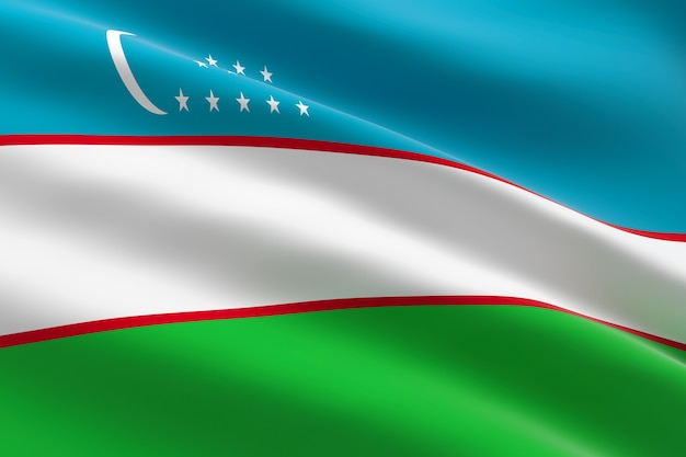 Vlag van Oezbekistan. 3D-afbeelding van de Oezbeekse vlag zwaaien