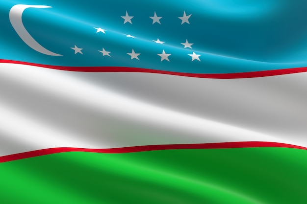 Vlag van Oezbekistan. 3D-afbeelding van de Oezbeekse vlag zwaaien.