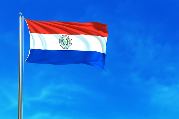 Vlag van Paraguay op het blauwe hemel 3d teruggeven als achtergrond