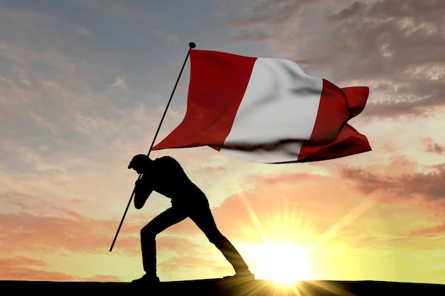 Vlag van Peru wordt in de grond geduwd door een mannelijk silhouet 3D-rendering