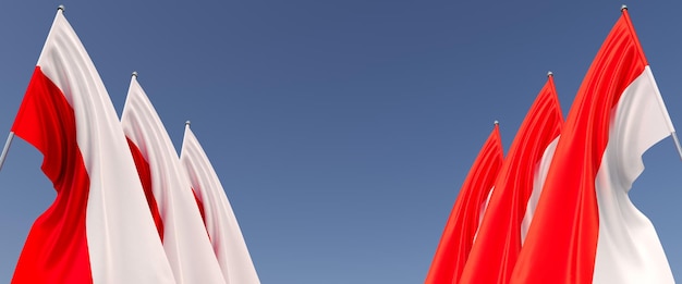 Vlag van Polen en Indonesië op vlaggenmasten aan de zijkanten op een blauwe achtergrond Plaats voor tekst Zes vlaggen Pools Warschau Jakarta 3d illustratie