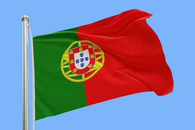 Vlag van Portugal op vlaggenmast zwaaien in de wind geïsoleerd op blauwe achtergrond